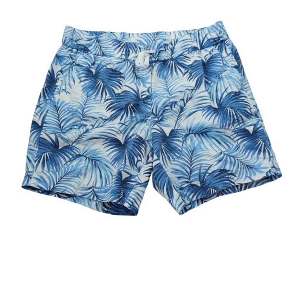 Talbots Linen Cotton Drawstring Shorts Blue White Tropical Palm Leaf Womens X